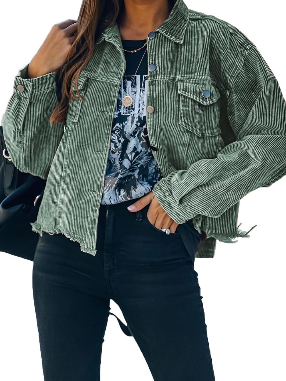 Green Corduroy Cropped Jacket - Picture 3 of 5